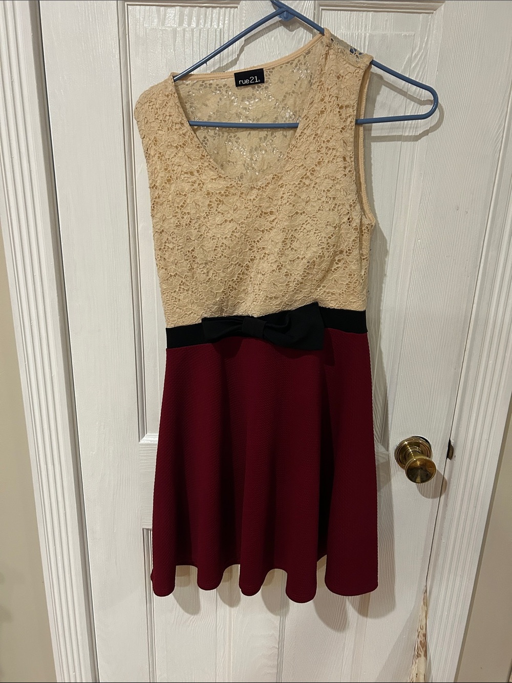 Rue21 Beige Lace Top Burgundy Skater Dress with Black Bow